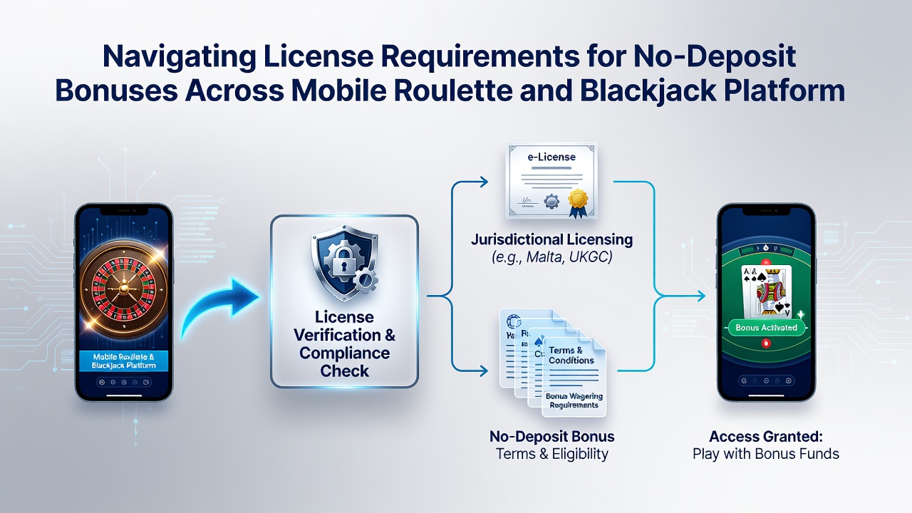 Mobiele app interfaces met licentie-iconen en bonusregels voor roulette en blackjack